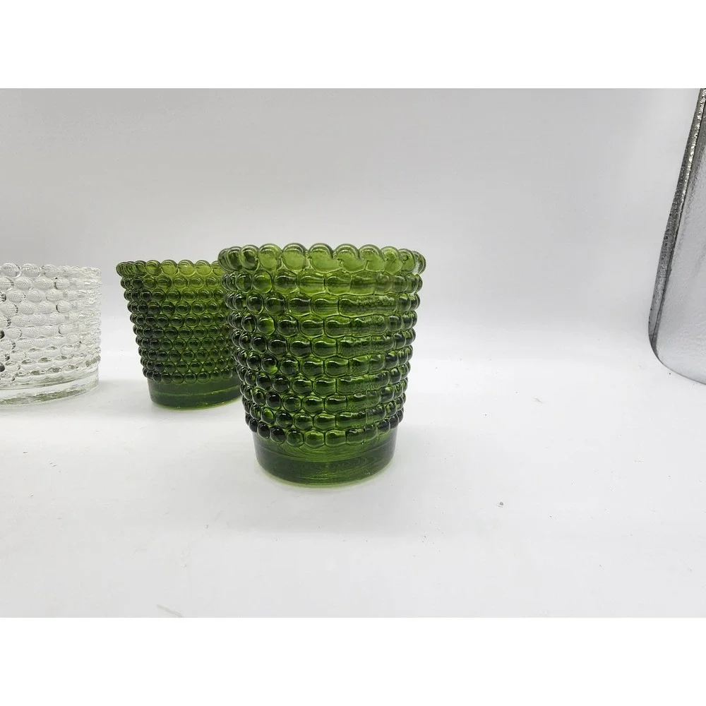 Vintage Hobnail Glass Votive Candle Holders Set of 4 Green and Clear Mid Century
